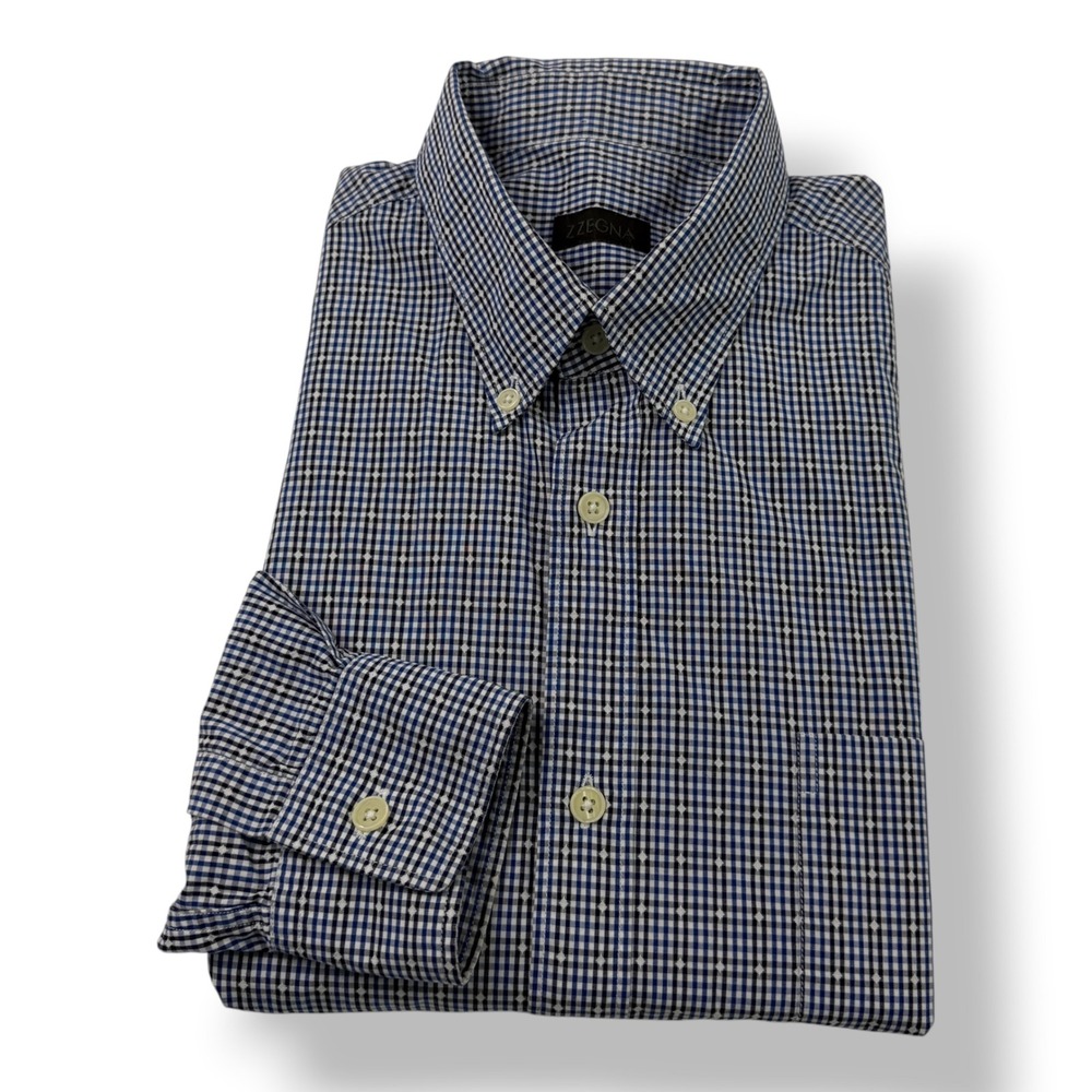 Z Zegna Mens Blue Gingham Button Down Dress Shirt Regular Fit 15.75 40 0873